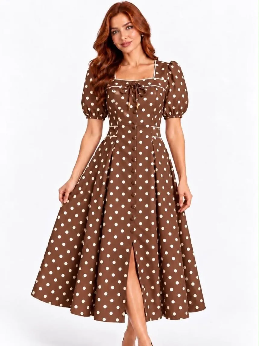 Vestido Poá marrom com bolinhas brancas, mangas bufantes e saia rodada